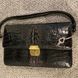 Black Crocodile 🐊 Embossed Leather Bag with Gold Clasp
